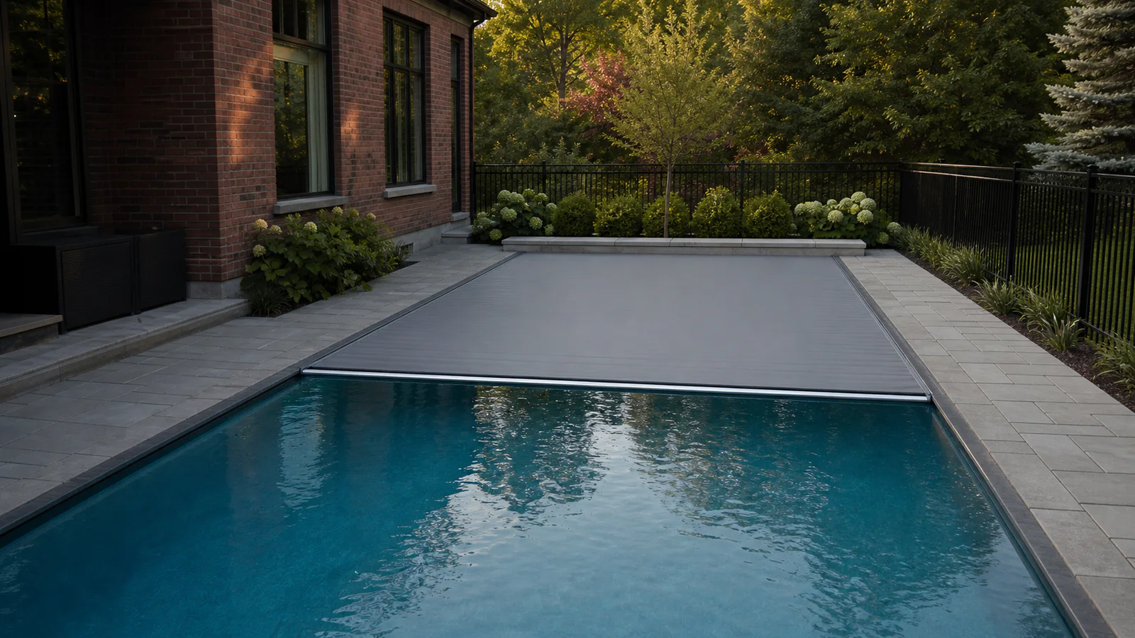 Grey automatic pool cover operating in straight tracks beside an Ontario brick home