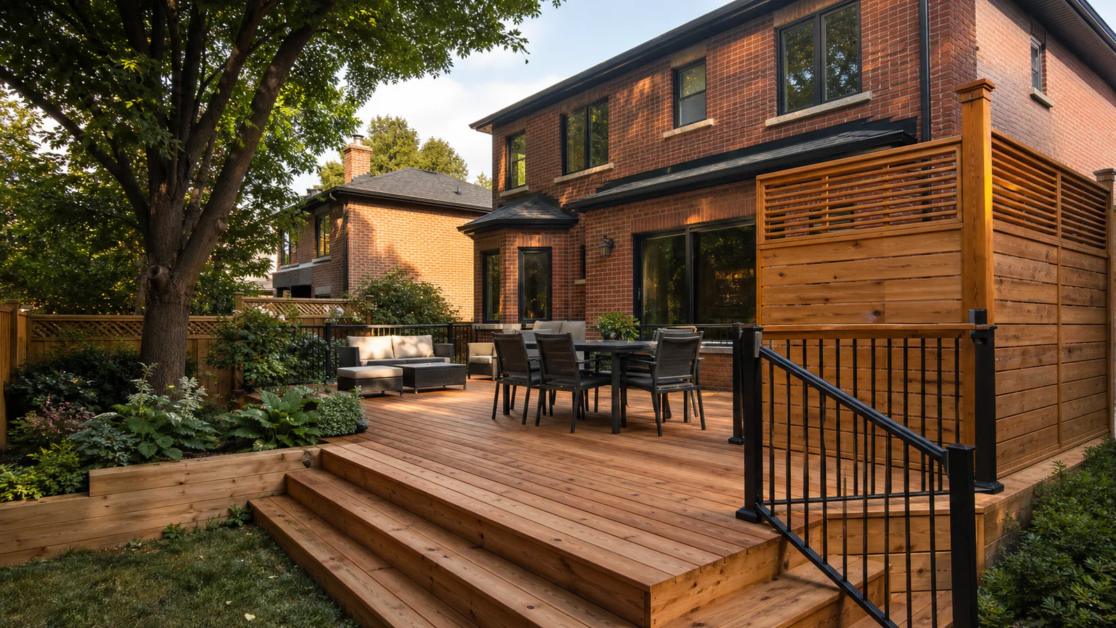 Custom cedar deck with black railing and privacy screen behind a Greater Toronto Area brick home
