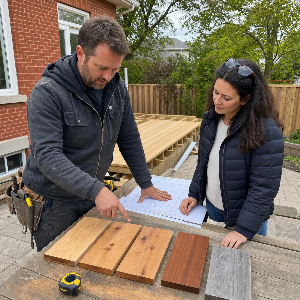 Cedar deck builder and GTA homeowner comparing clear, knotty, finished and weathered cedar samples