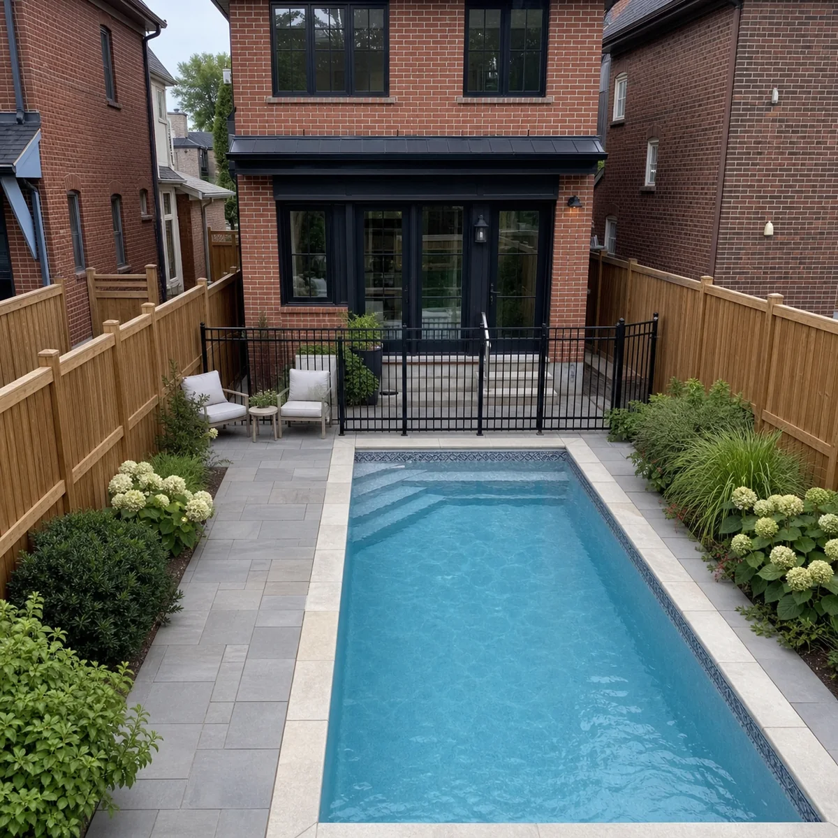 Compact rectangular vinyl liner pool designed for a narrow Toronto brick-home backyard