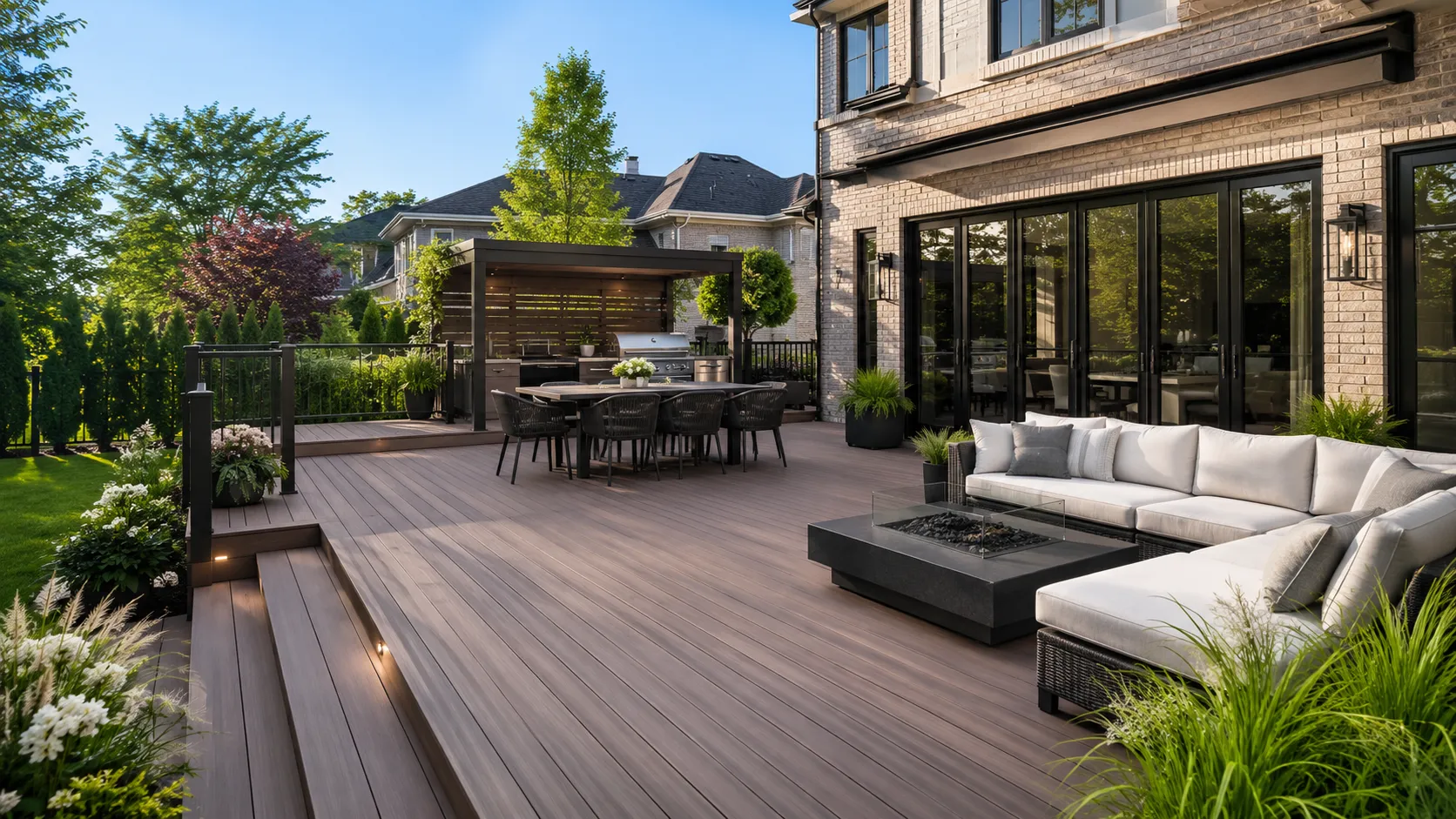Luxury composite deck with outdoor kitchen, dining and lounge areas