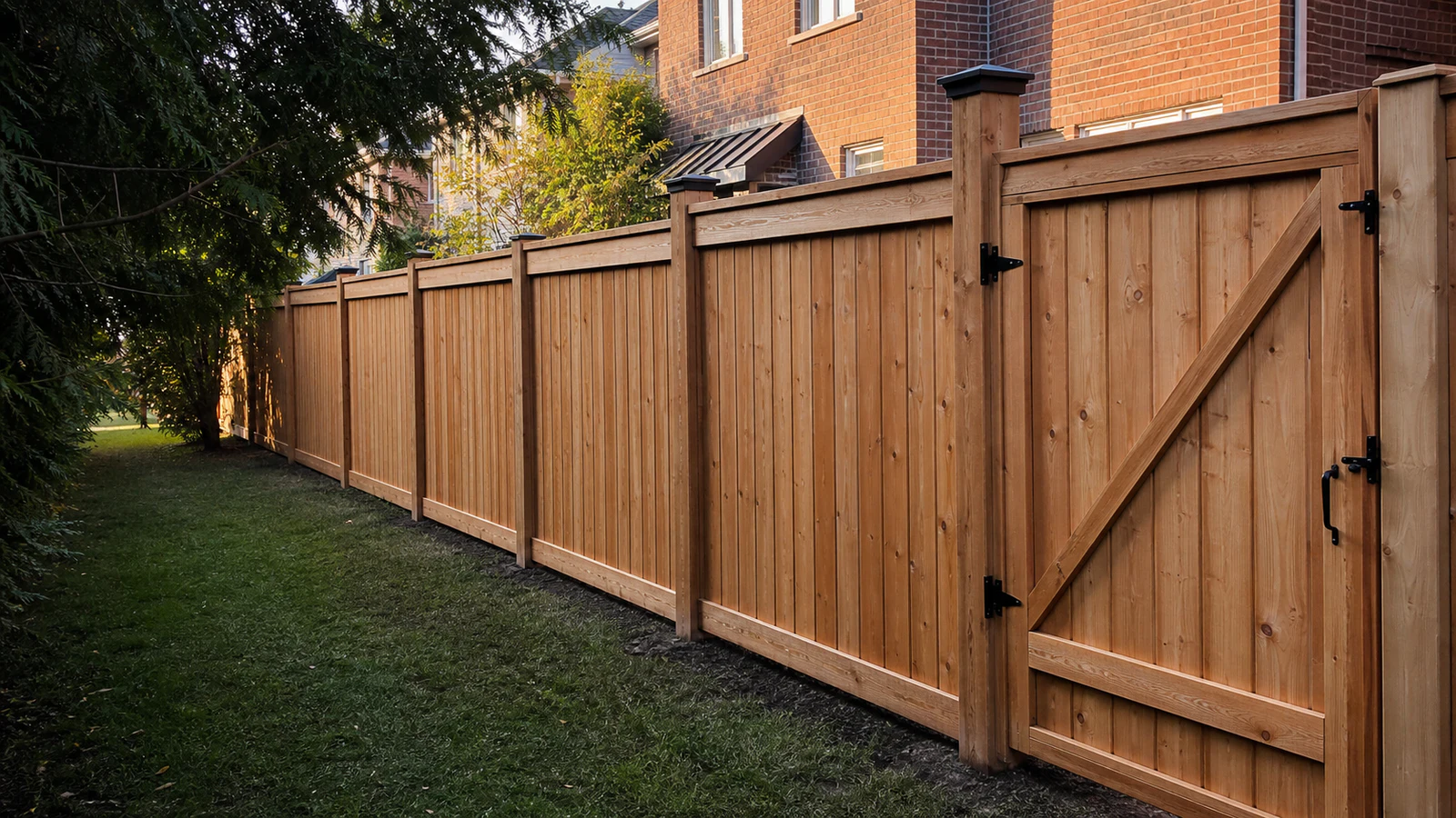 Custom cedar privacy fence and gate along a Greater Toronto Area brick home