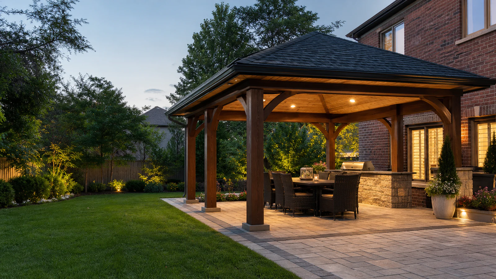 Timber backyard gazebo with hip roof, dining area and integrated lighting at a Greater Toronto Area brick home