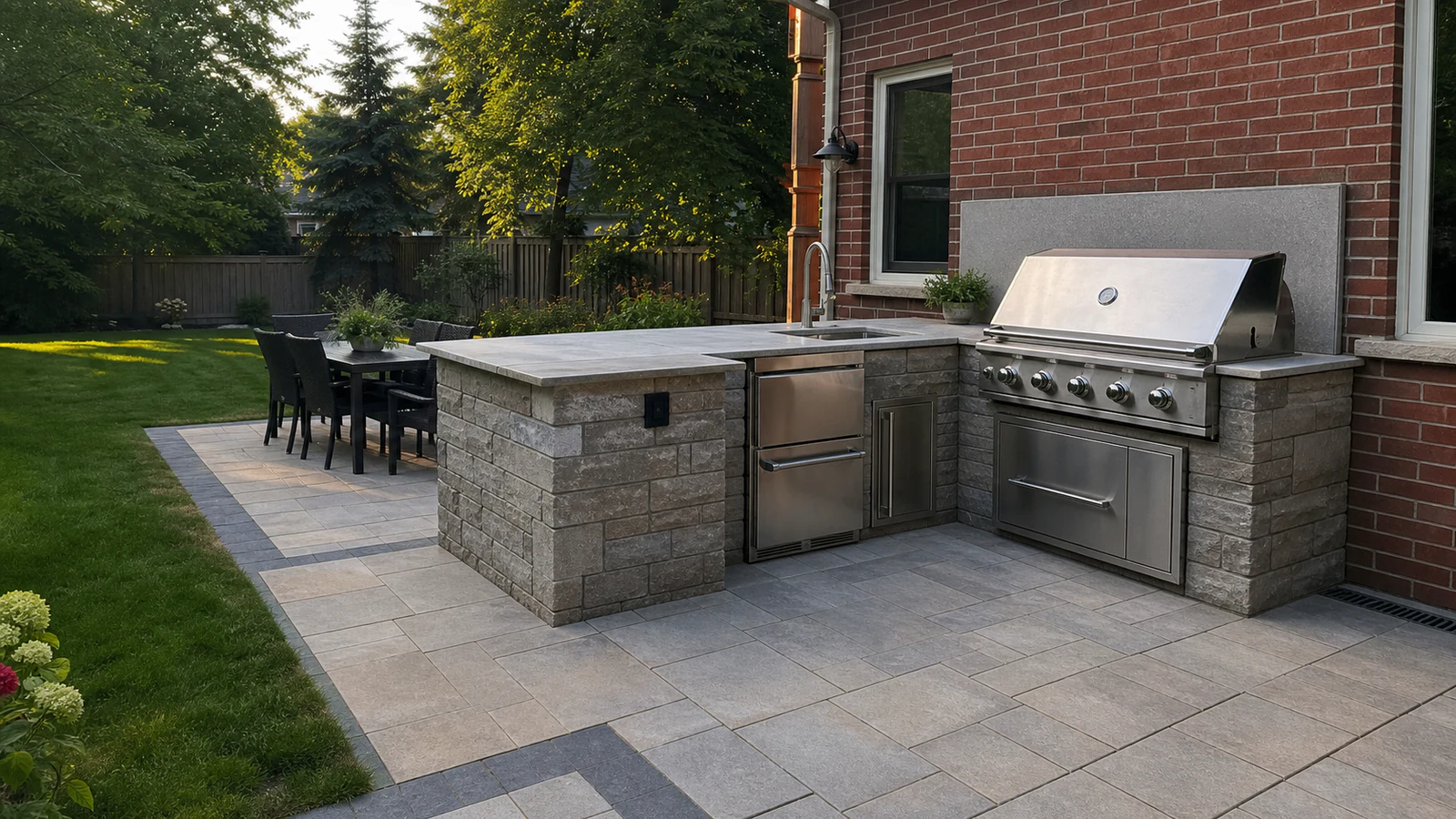 Custom masonry outdoor kitchen with built-in grill, refrigerator and sink at a Greater Toronto Area brick home