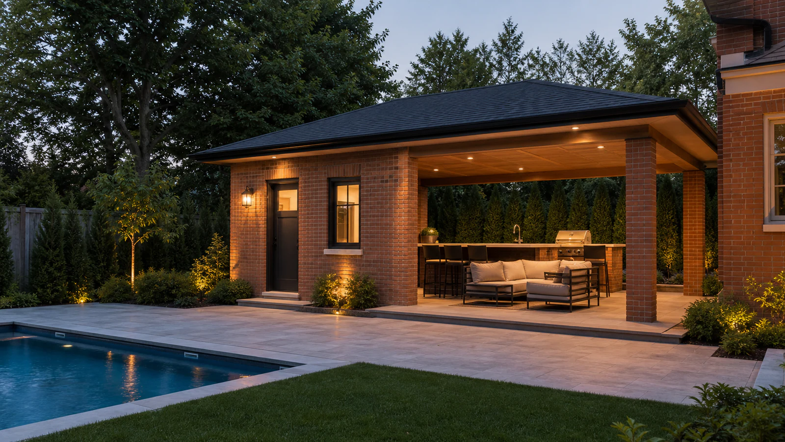 Modern backyard pool cabana with enclosed room, covered lounge and outdoor kitchen at a Greater Toronto Area brick home