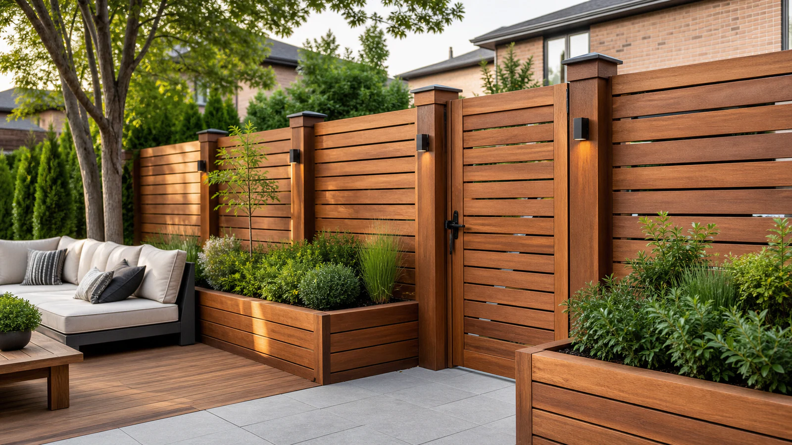 Horizontal wood privacy screen with integrated gate, lighting and planters in a Greater Toronto Area backyard