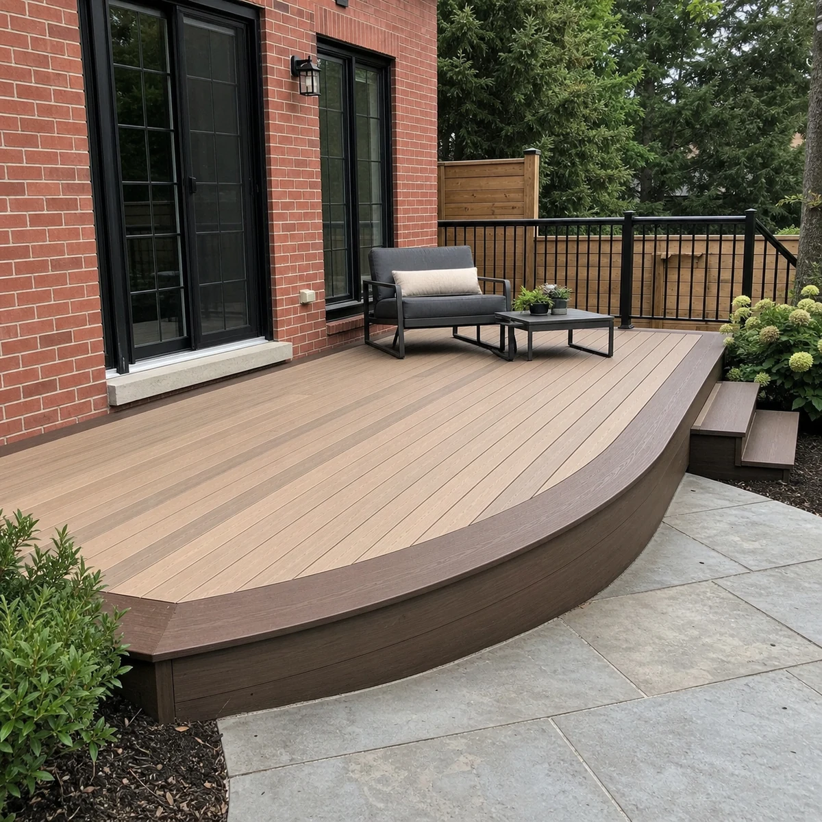 Multiwidth PVC deck with a curved picture-frame border behind a Greater Toronto Area brick home