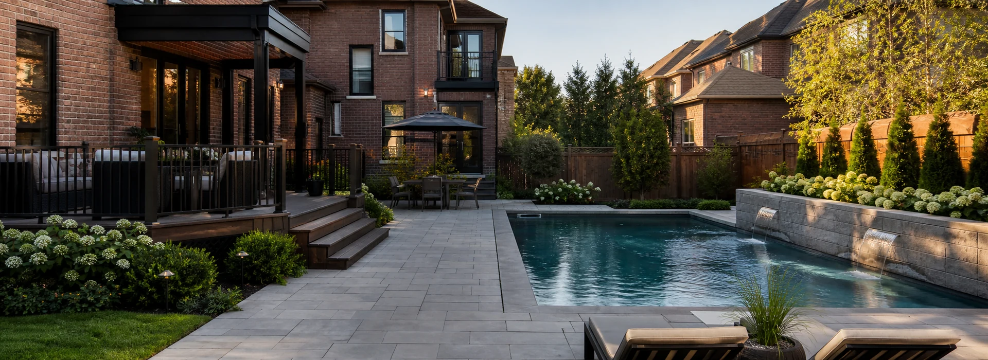 Custom deck, stone patio and pool in a Greater Toronto Area backyard