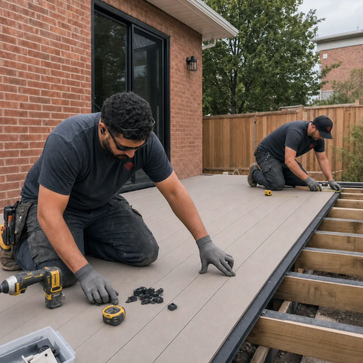 Diamond Decks installers aligning full-length PVC deck boards behind a Greater Toronto Area brick home