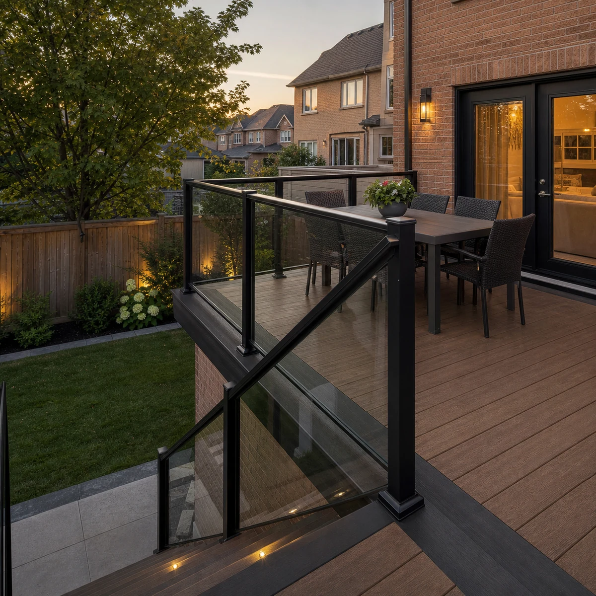 Elevated PVC deck with glass railing and outdoor dining behind a Greater Toronto Area brick home