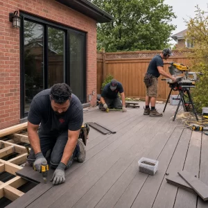 Diamond Decks crew installing composite decking behind a Greater Toronto Area brick home