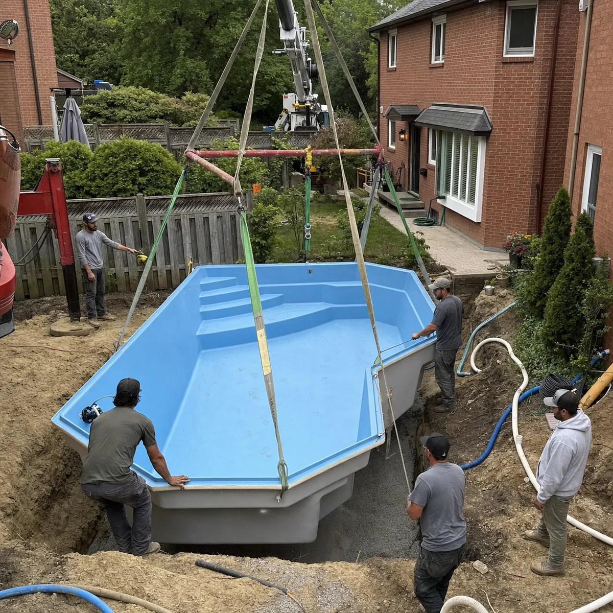 Fiberglass pool shell being lowered into a prepared backyard excavation by an installation crew