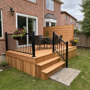 Finished cedar deck with black aluminum railing and privacy screen behind a Greater Toronto Area brick home