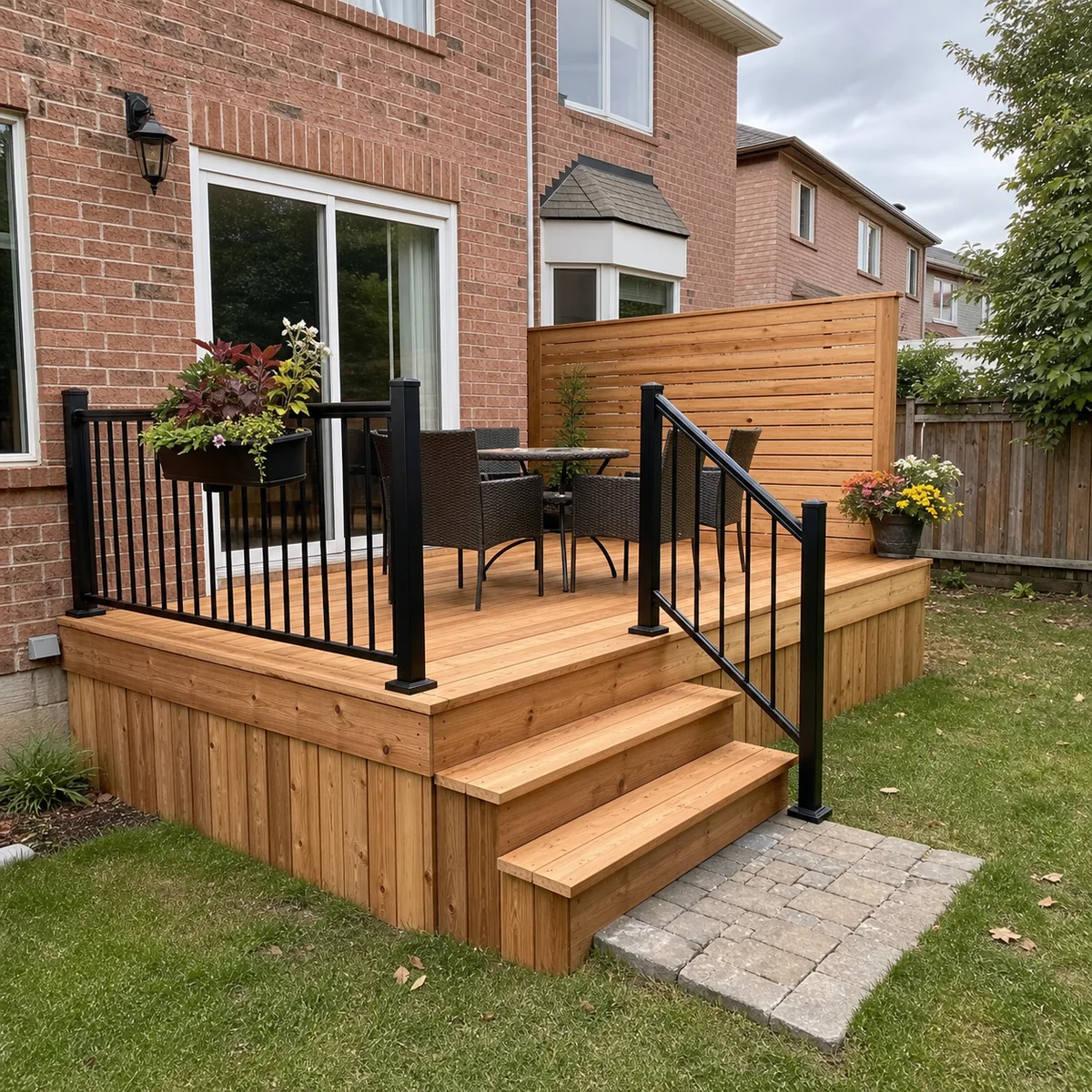 Finished cedar deck with black aluminum railing and privacy screen behind a Greater Toronto Area brick home