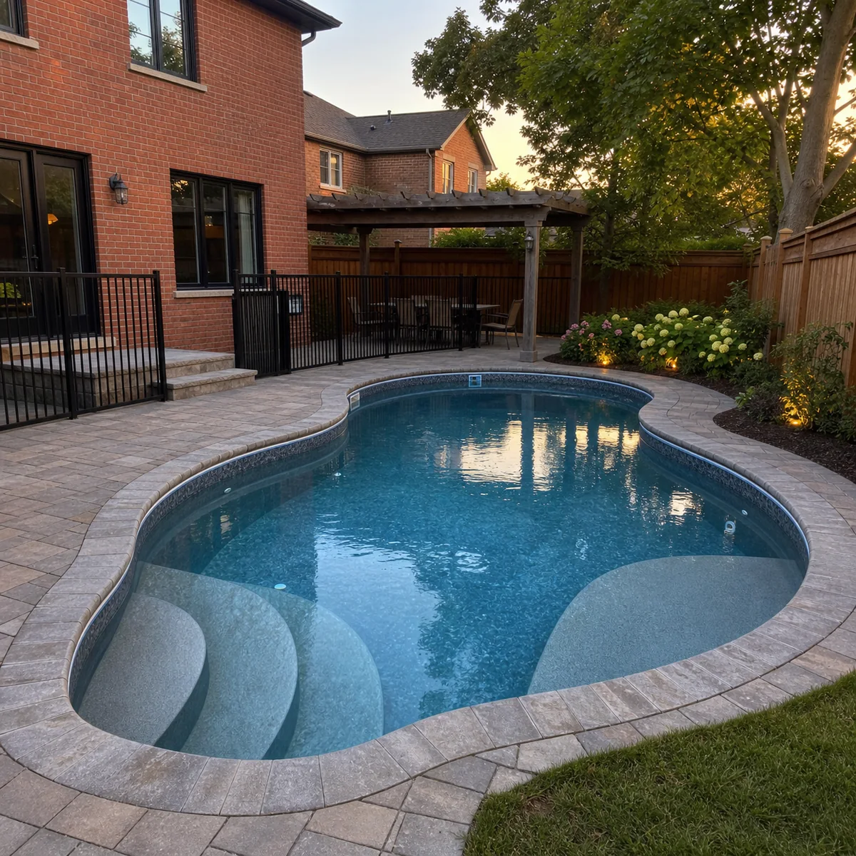 Custom freeform vinyl liner pool with curved entry steps behind a Greater Toronto Area brick home
