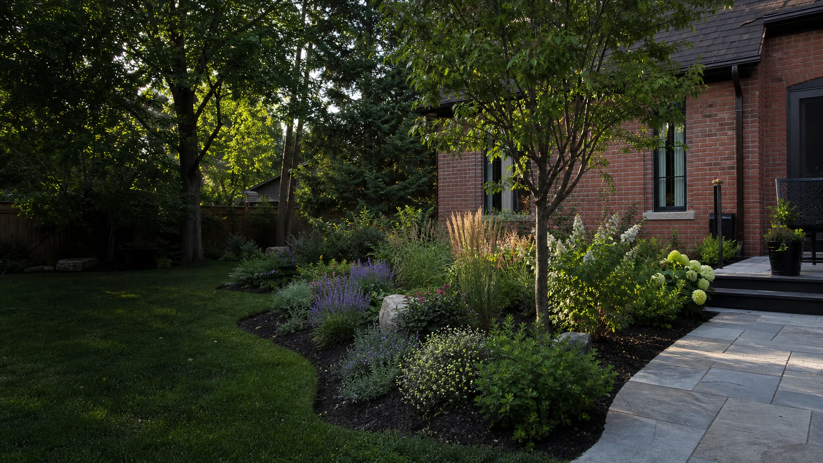 Layered garden planting with ornamental tree, shrubs, perennials and grasses at a Greater Toronto Area brick home