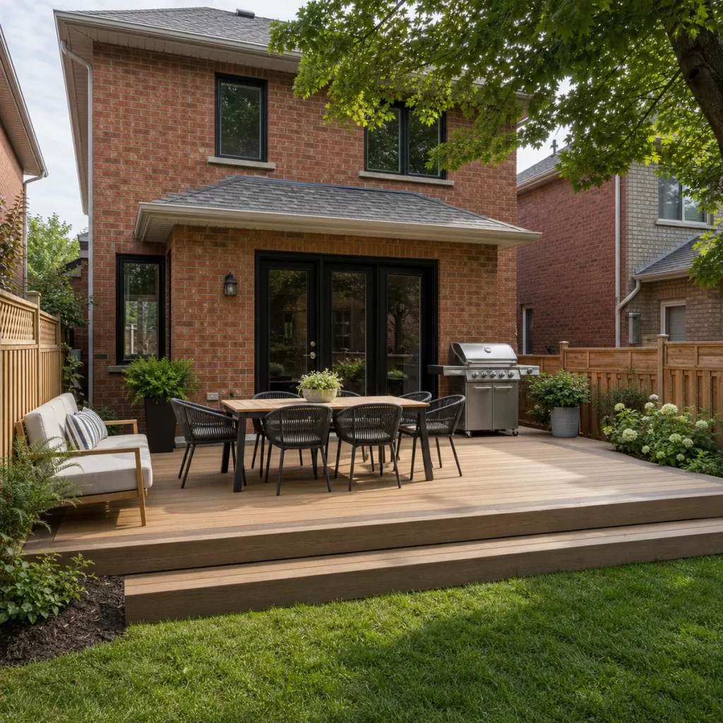 Ground-level PVC deck with dining and barbecue areas behind a Greater Toronto Area brick home