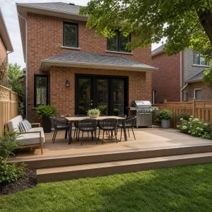 Ground-level PVC deck with dining and barbecue areas behind a Greater Toronto Area brick home