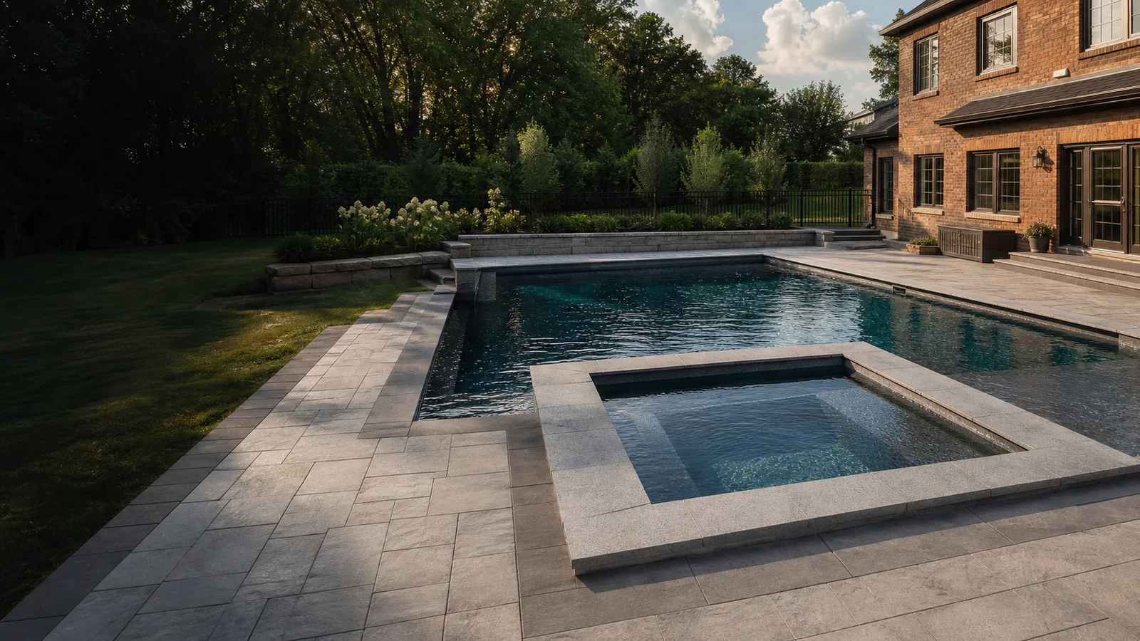 Custom ICF pool with integrated spa and stone patio beside a Greater Toronto Area brick home