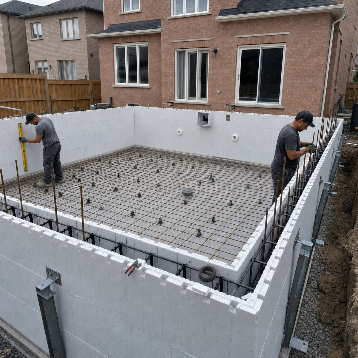 ICF pool walls with reinforced steel, floor rebar, and alignment bracing under construction beside a Greater Toronto brick home