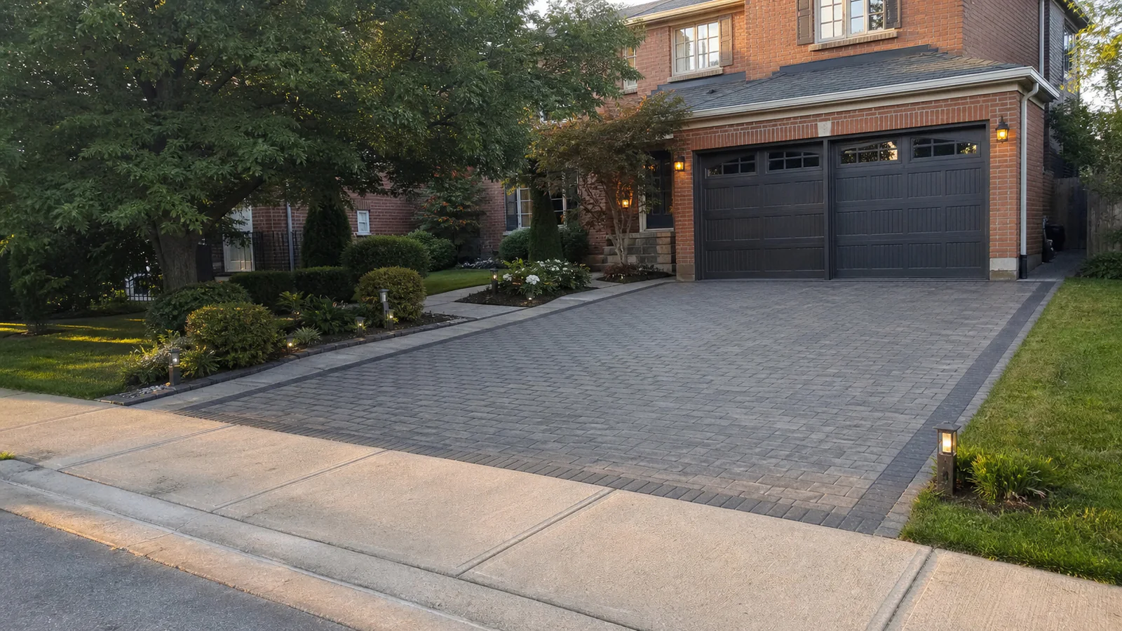 Grey interlocking paver driveway with dark border at a Greater Toronto Area brick home