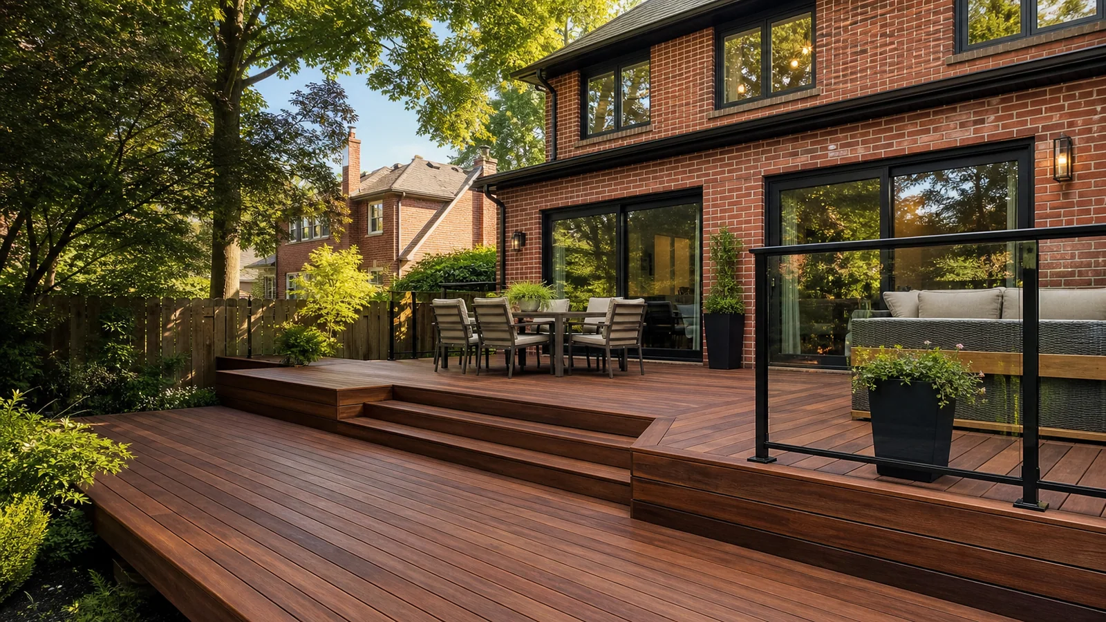 Custom IPE hardwood deck with glass railing behind a Greater Toronto Area brick home