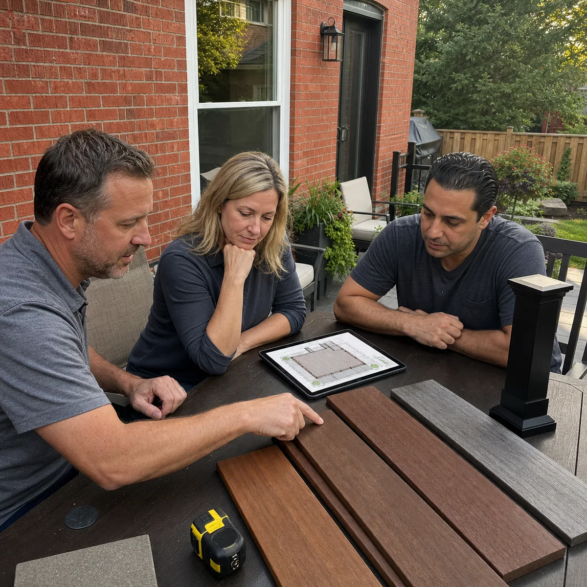 Deck designer and GTA homeowners comparing brown and weathered IPE hardwood samples with a custom deck plan
