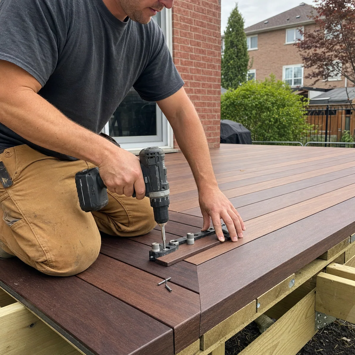 Installer pre-drilling dense IPE deck boards for precise fastening behind a GTA brick home