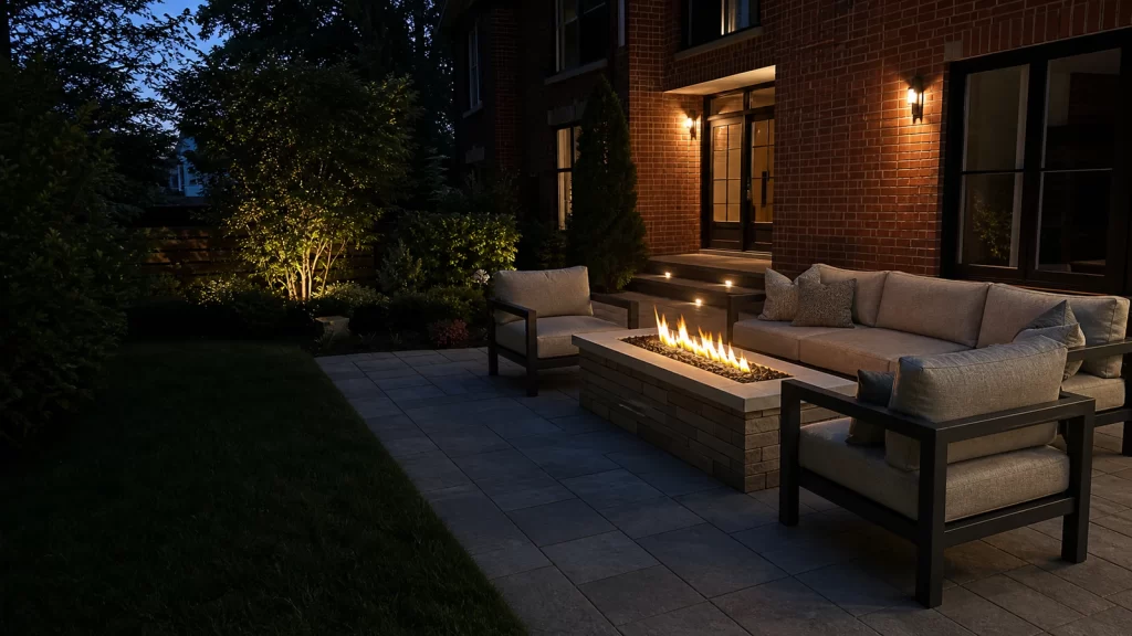 Linear gas fire feature with masonry surround and lounge seating on a Greater Toronto Area stone patio