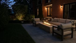 Linear gas fire feature with masonry surround and lounge seating on a Greater Toronto Area stone patio