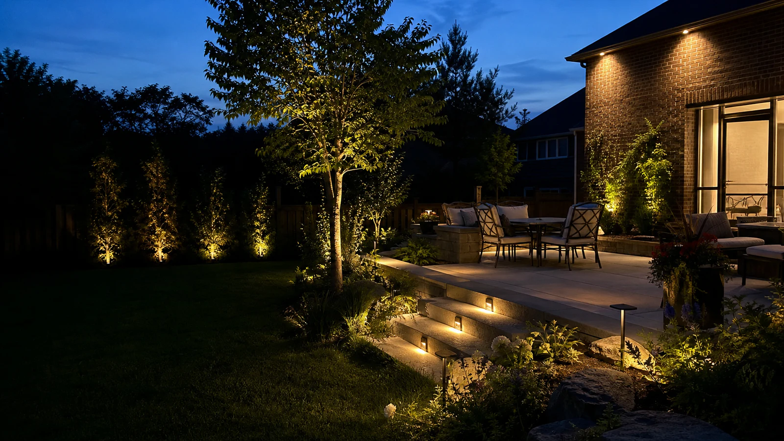 Layered outdoor lighting on steps, patio, trees and garden beds at a Greater Toronto Area brick home