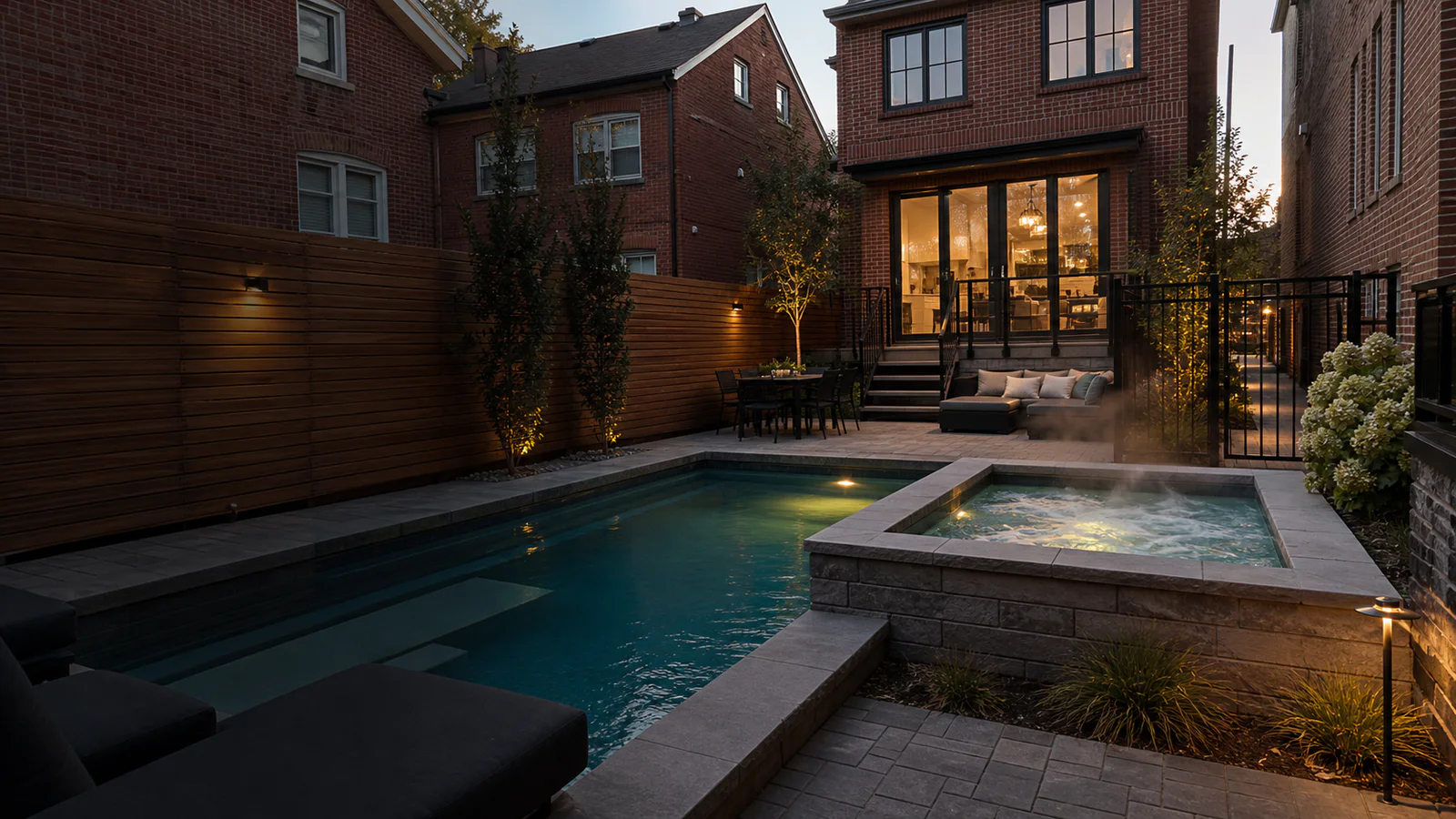 Compact plunge pool and raised spa with privacy screen in a Toronto brick-home backyard