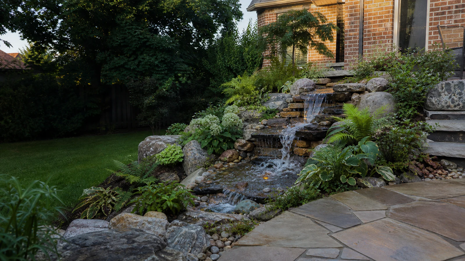 Pondless garden waterfall with natural stone and layered planting at a Greater Toronto Area brick home