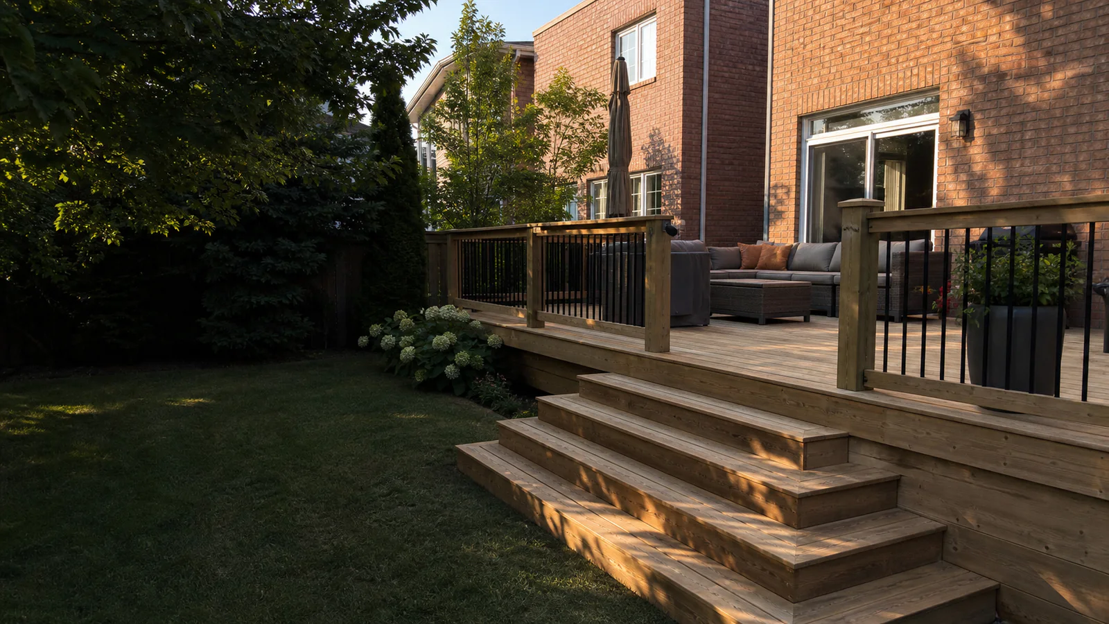 Custom pressure-treated wood deck with broad stairs and black railing behind a Greater Toronto Area brick home