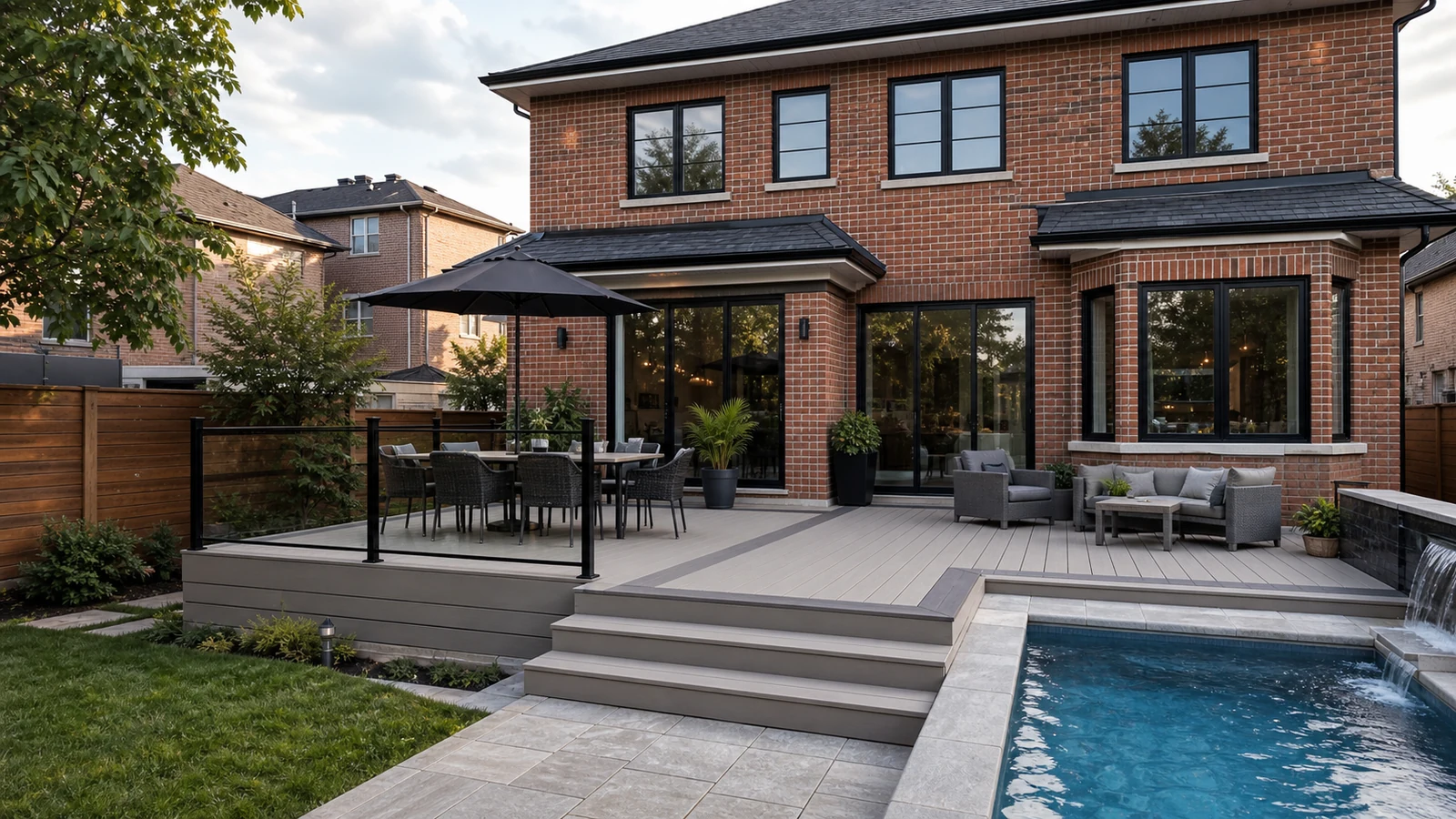 Light PVC deck and poolside outdoor living space behind a Greater Toronto Area brick home