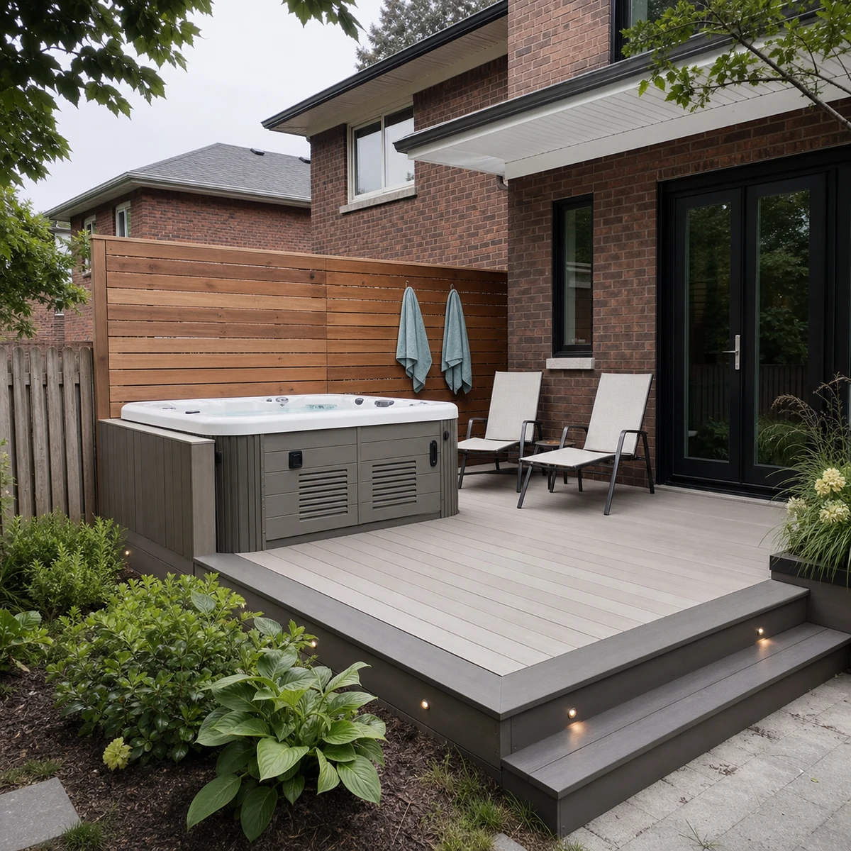 Light PVC deck with a hot tub and cedar privacy screen behind a Greater Toronto Area brick home
