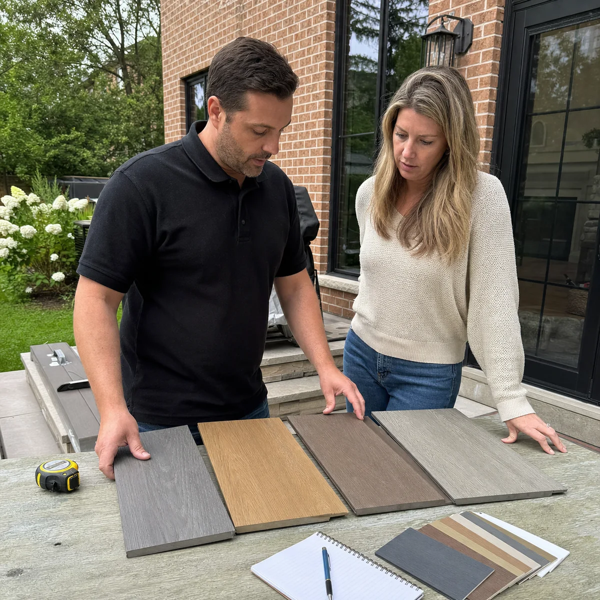Deck designer and homeowner comparing PVC deck board samples at a Greater Toronto Area brick home