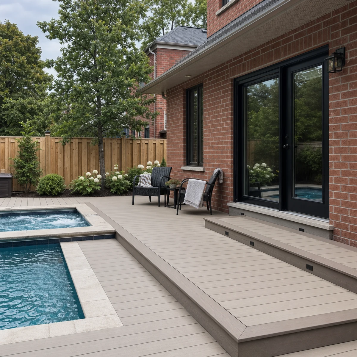 Light PVC decking beside a pool and hot tub at a Greater Toronto Area brick home