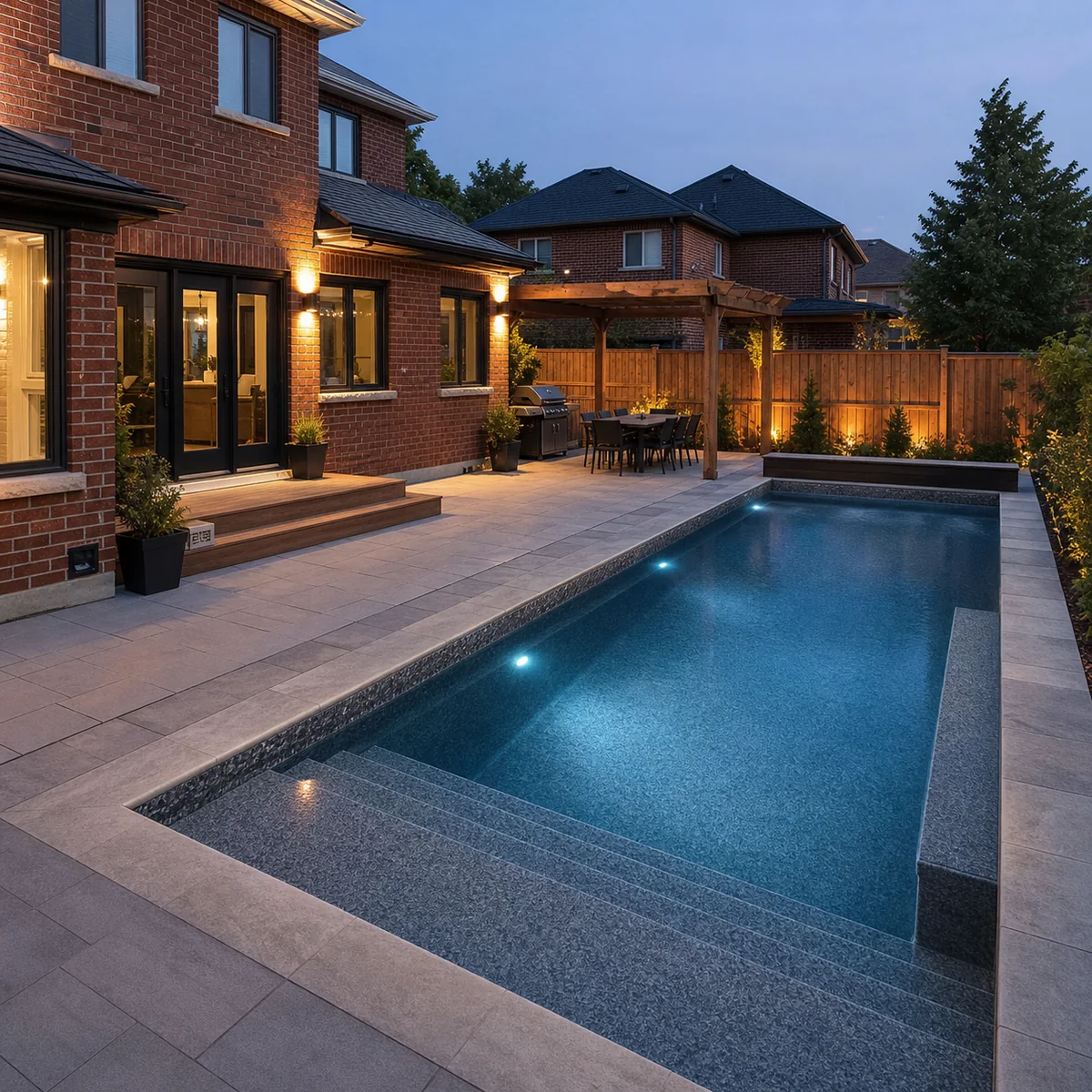 Long rectangular vinyl liner pool with lighting, stone patio and pergola at a GTA brick home