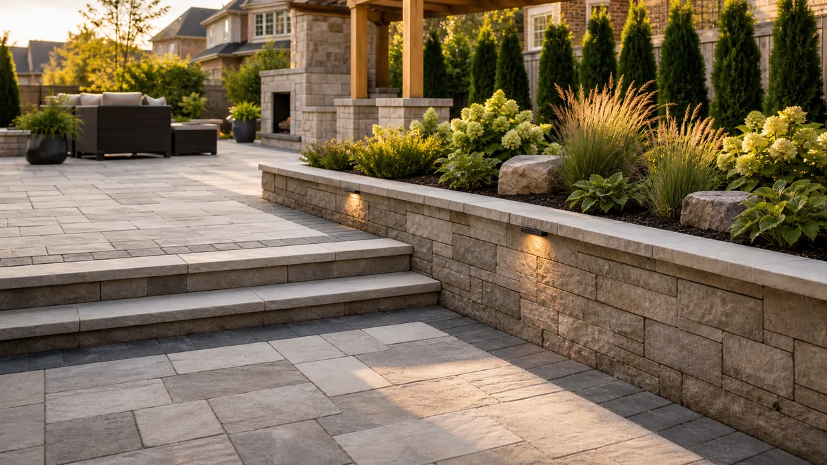Stone patio with wide steps, low retaining wall, integrated lighting and garden beds