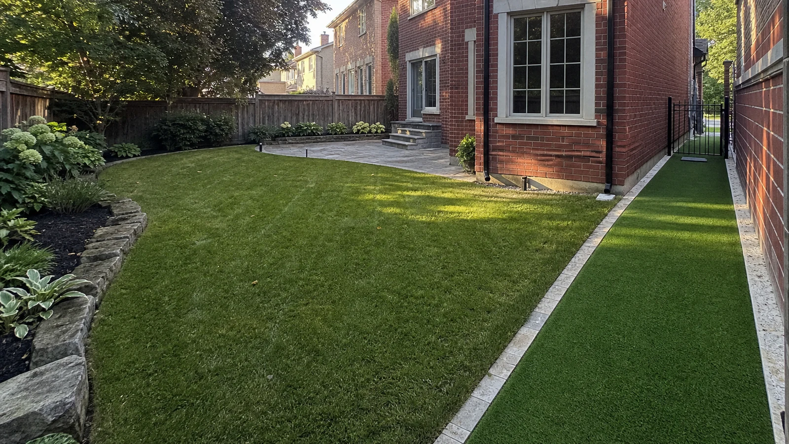 Natural sod lawn beside a separate artificial turf side-yard zone at a Greater Toronto Area brick home
