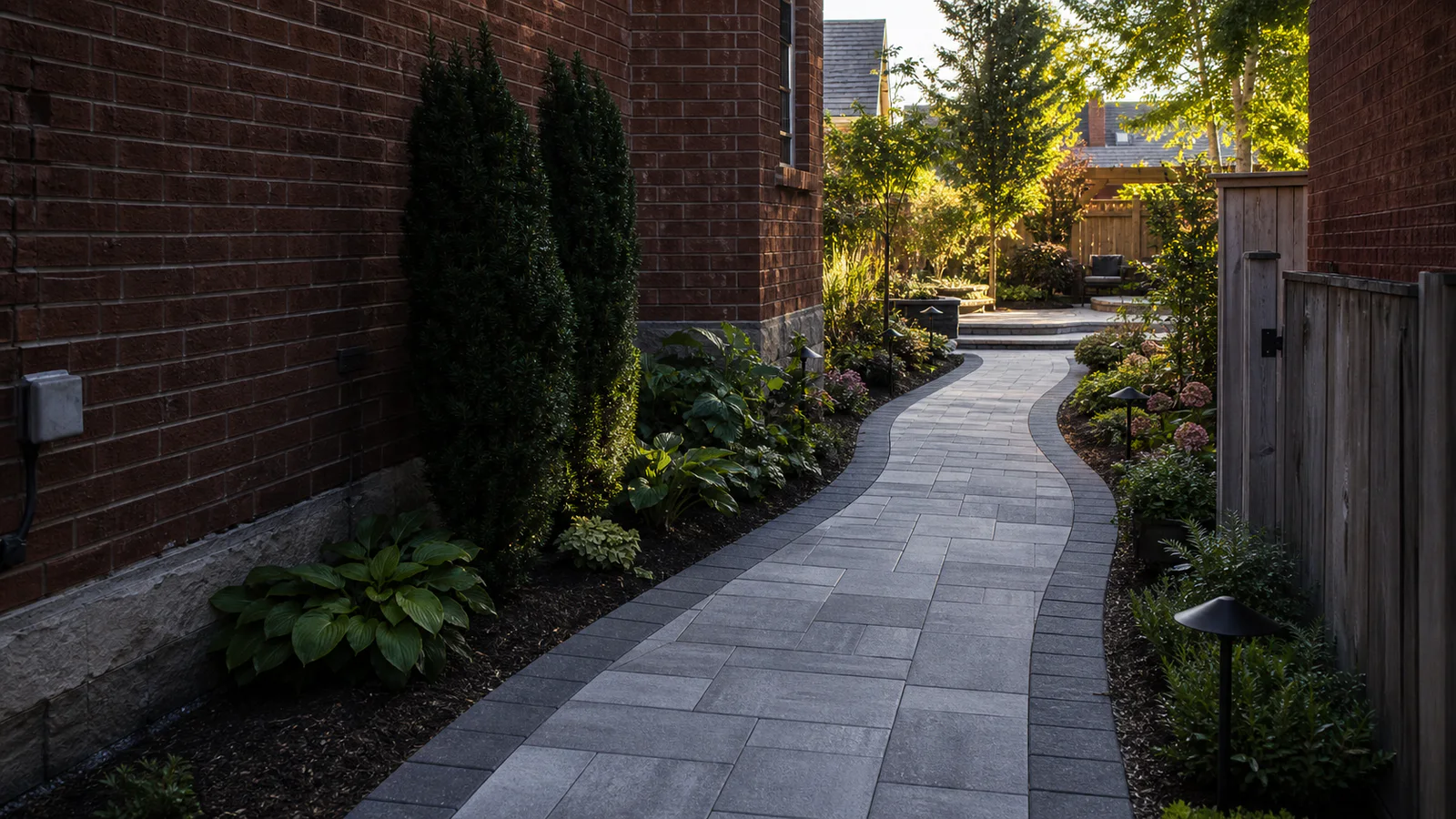Curved interlocking stone pathway with dark border and garden lighting beside a Toronto brick home