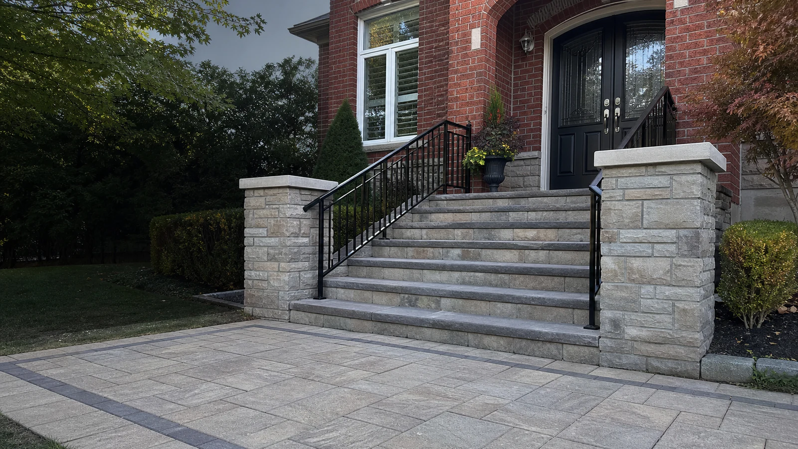 Wide stone front steps with masonry pillars and black railings at a Greater Toronto Area brick home