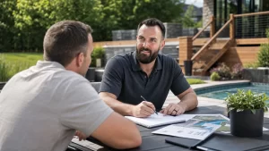 Trevor March, founder of Diamond Decks & Pools, reviewing an outdoor living plan with a homeowner