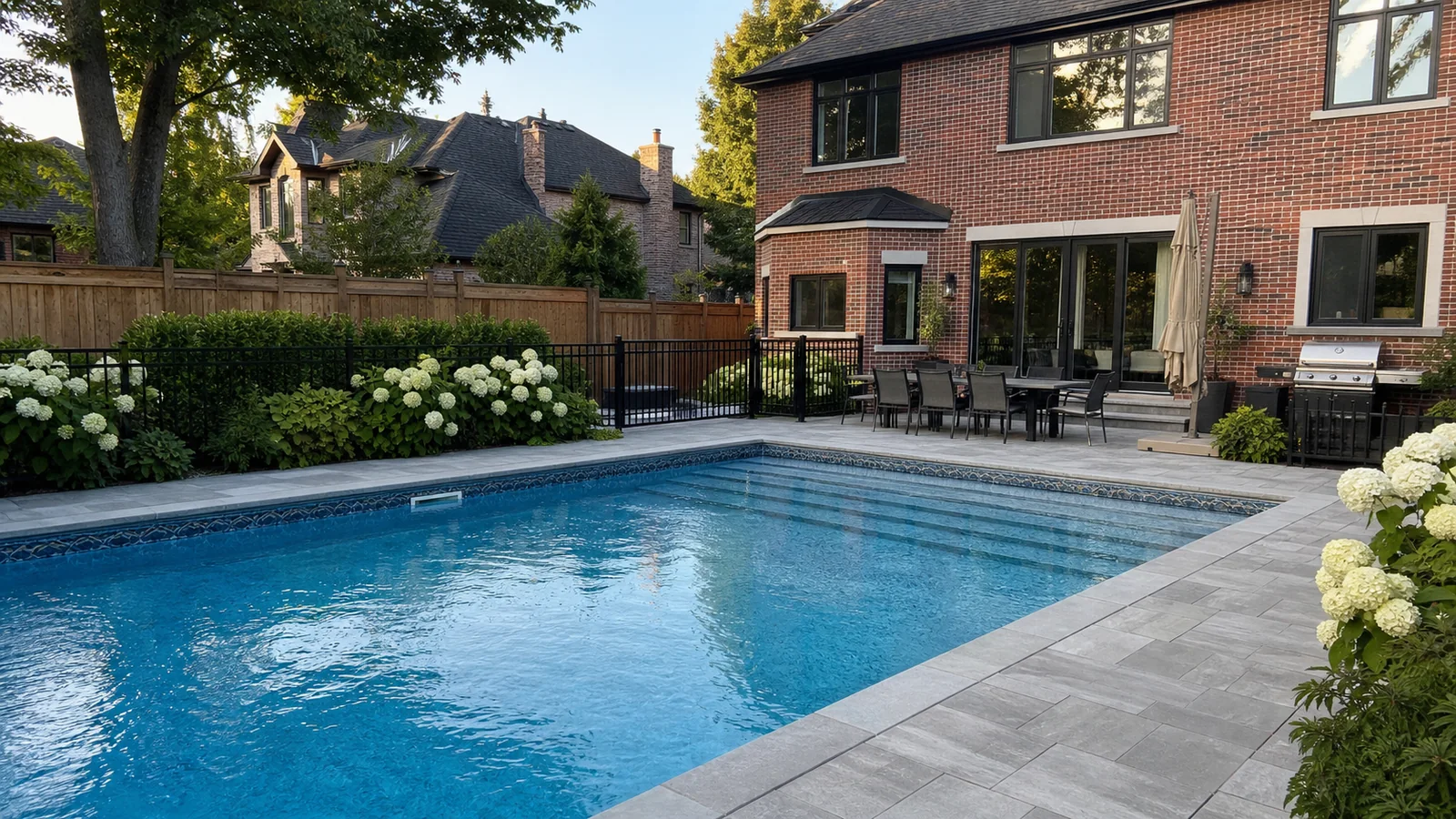 Custom rectangular vinyl liner pool behind a Greater Toronto Area brick home