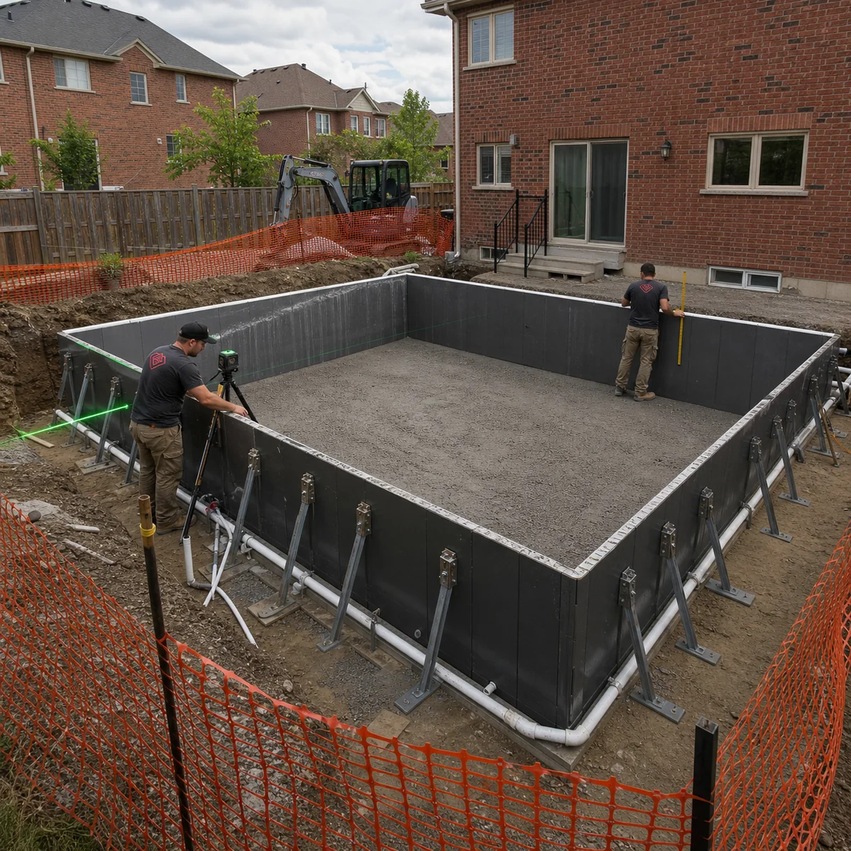 Diamond Decks installers aligning modular walls for a vinyl liner pool behind a GTA brick home