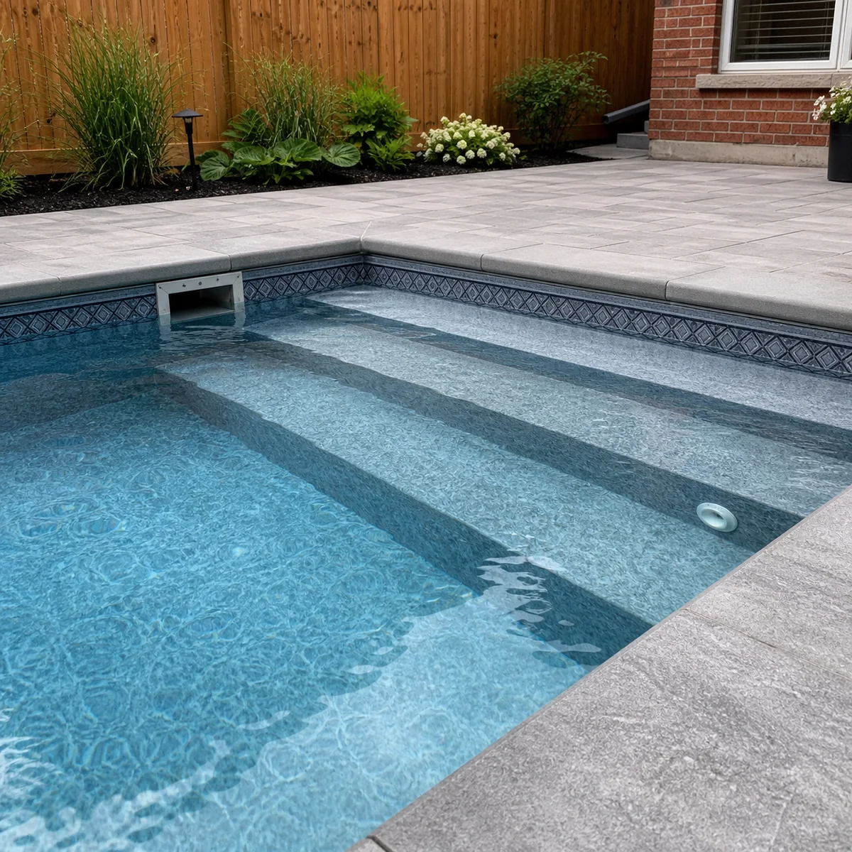 Vinyl-over pool entry steps with patterned liner, coping and clear water at a GTA brick home