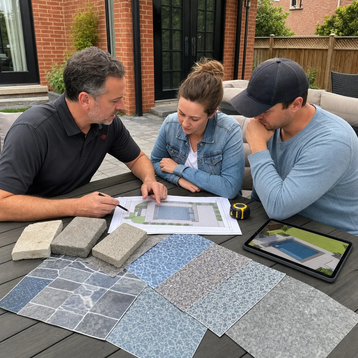 Pool designer and homeowners comparing vinyl liner patterns, coping and a custom pool plan