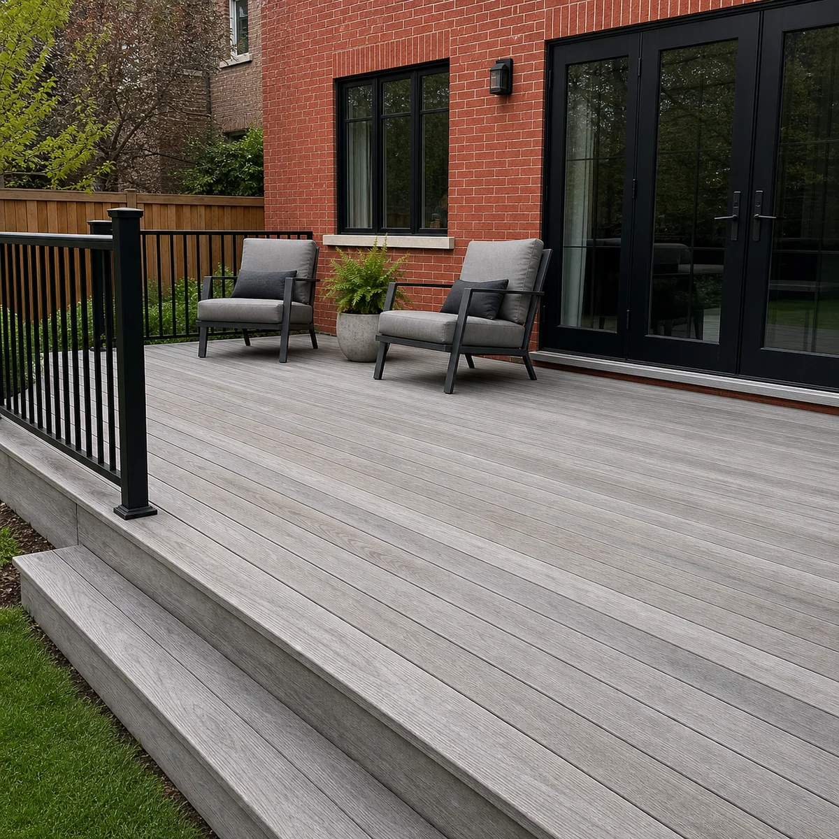 Weathered IPE hardwood deck with an even silver-grey patina behind a GTA brick home