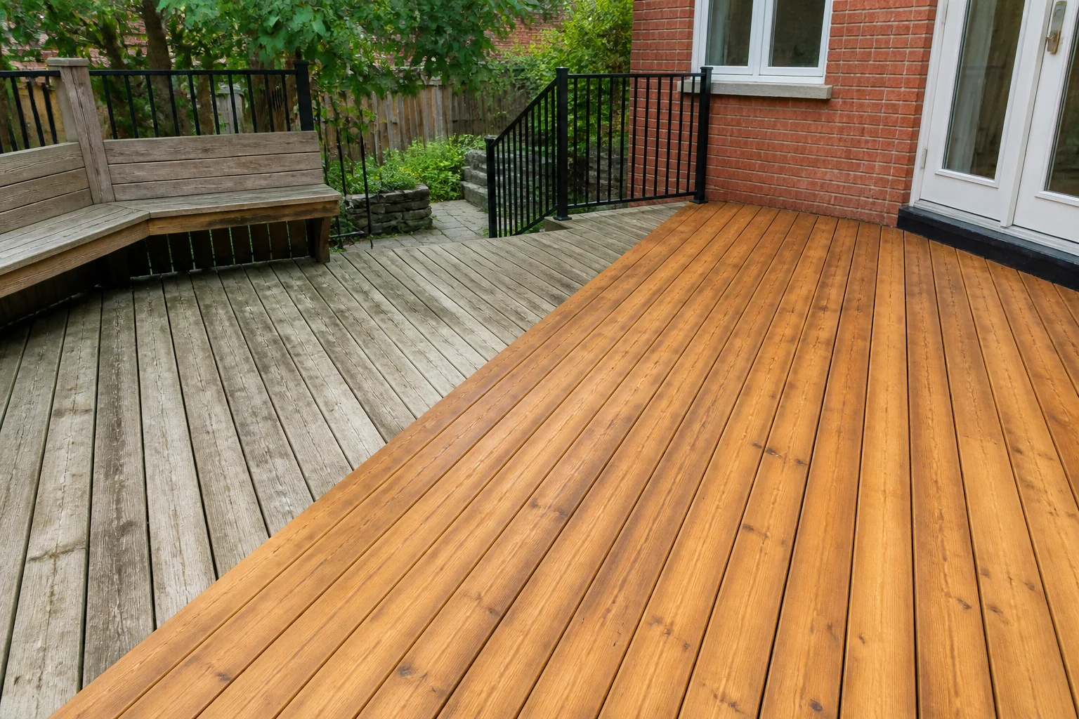 Cedar deck beside a red-brick Ontario home showing warm finished boards and naturally weathered grey boards